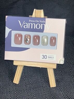 Vamony Press On Nails Neutral Pink Glitter Short Glossy Nail Set 30 Nails
